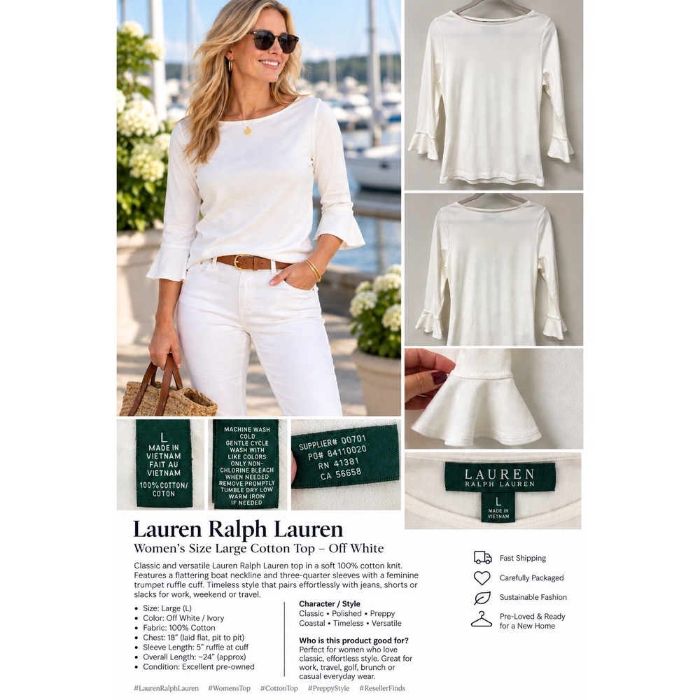 Lauren Ralph Lauren White  3/4 Sleeve Top Women Size Large old Money coastal